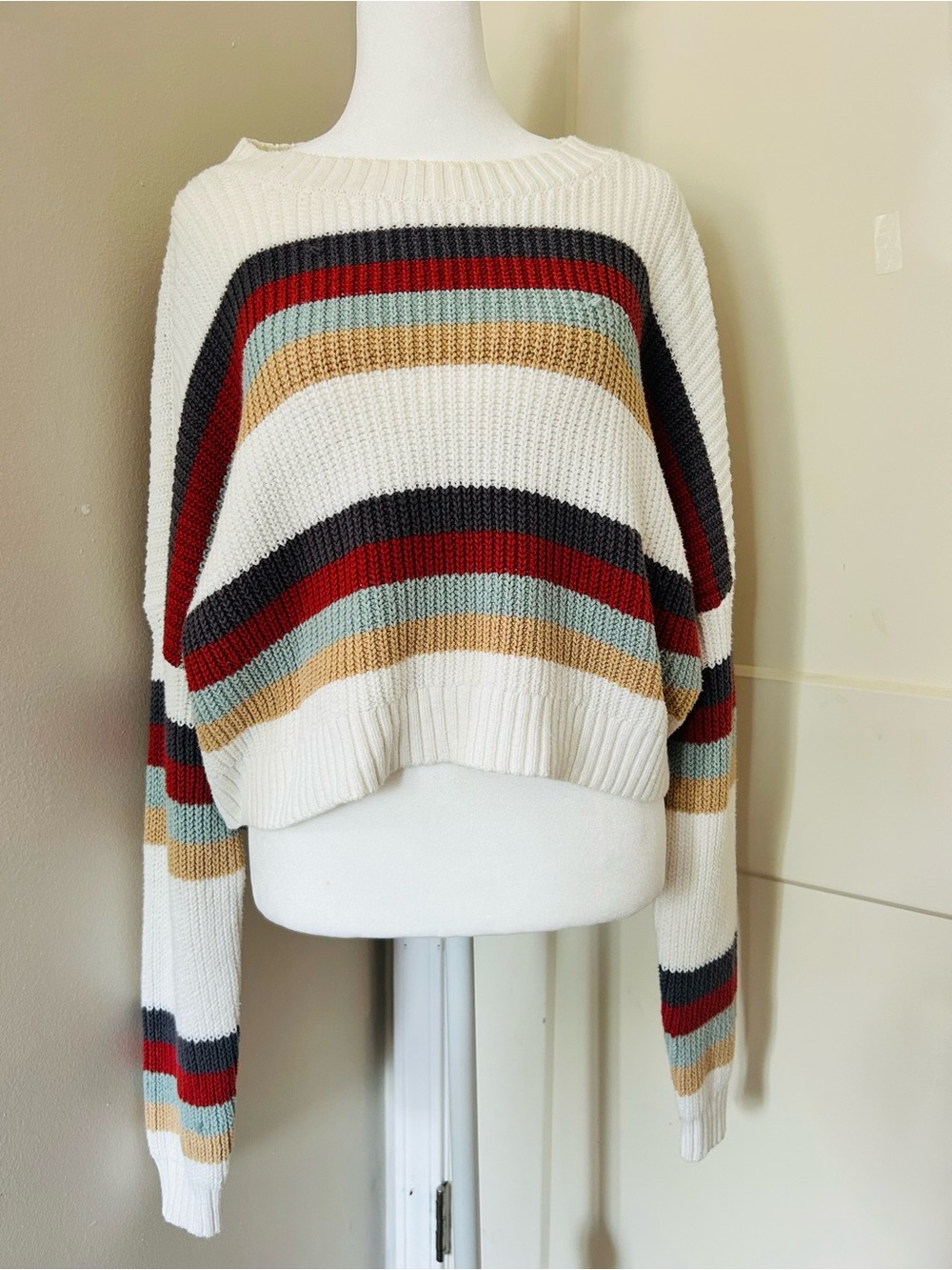 Hollister California Striped Cropped Knit Sweater - White with stripe Small